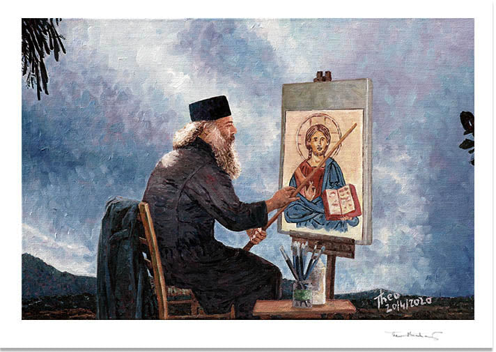 Traditional Cyprus painting, The Icon Painter Fine Art Print by Theo Michael 