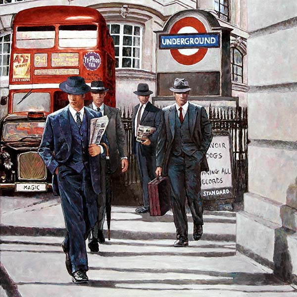 oil painting of a London Street with iconic bus and taxi by Theo Michael