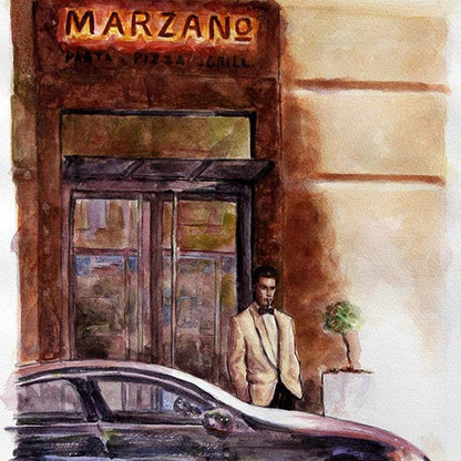 watercolour painting, Marzano Restaurant in Larnaca Cyprus by Theo Michael