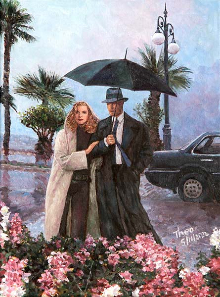Oil painting of a seafront promenade in the rain by Theo Michael titled Strolling In The Rain