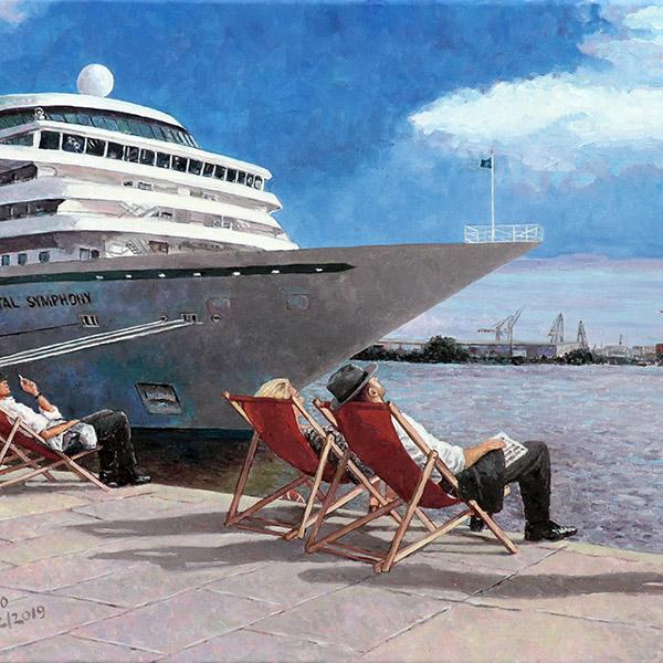 People In The Sun, an Edward Hopper inspired painting featuring Hamburg harbour as a background