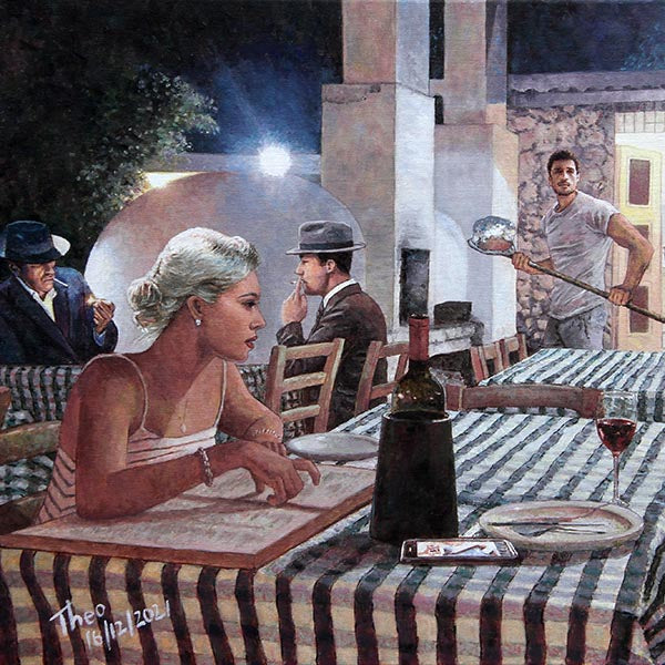 Restaurant painting at night by Theo Michael featuring Militzis restaurant in Larnaca Cyprus