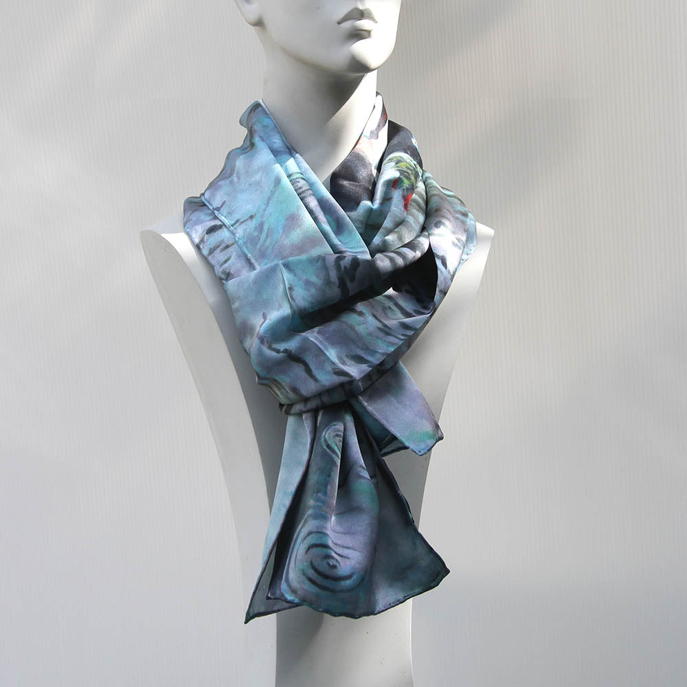 100% silk scarf with an original art design by Theo Michael, Romance Isn't Dead