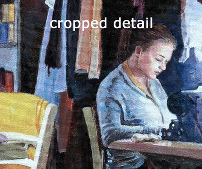 Edward Hopper style painting, detail of the Seamstress by Theo Michael
