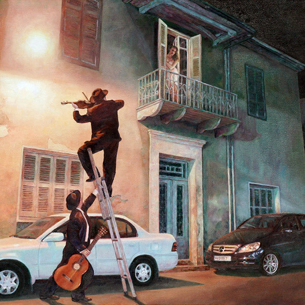 Romantic Wall Art by Theo Michael, a painting inspired by Spitzweg and titled Serenade 