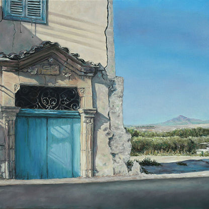 Mediterranean Blue Door painting with Stavrovouni in Cyprus by Theo Michael