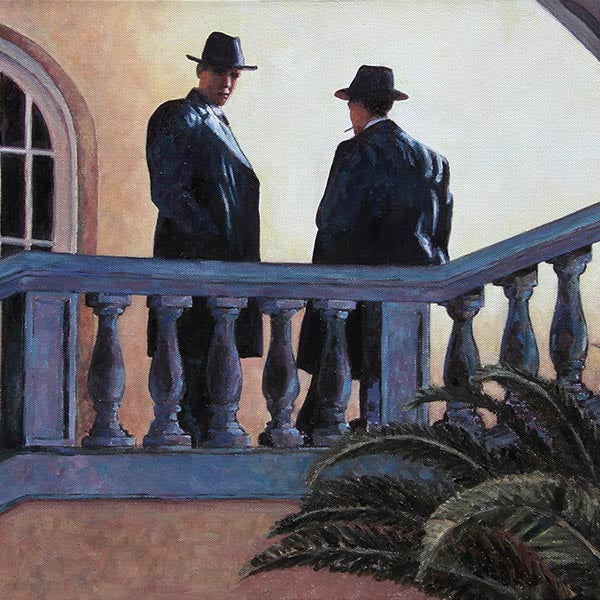The Meeting, an original art noir style oil painting by Theo Michae