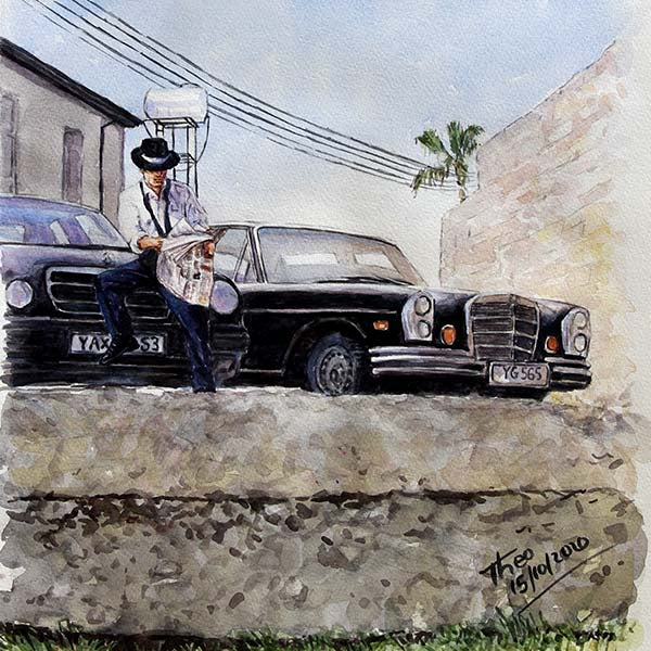watercolour painting, Old Mercedes in Larnaca Cyprus by Theo Michael