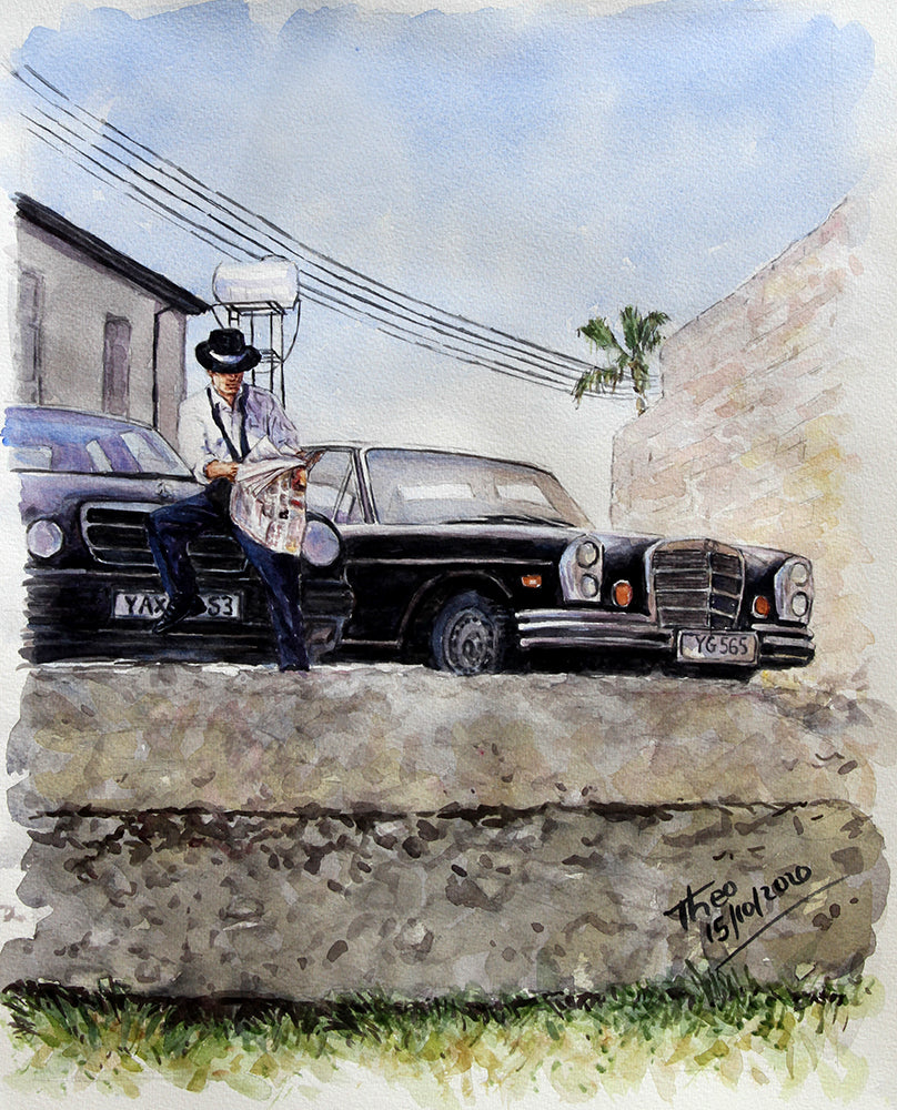 watercolour sketch, Old Mercedes in Larnaca Cyprus by Theo Michael