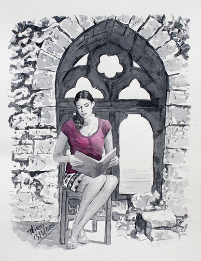 Original watercolour by Theo Michael, The Reader