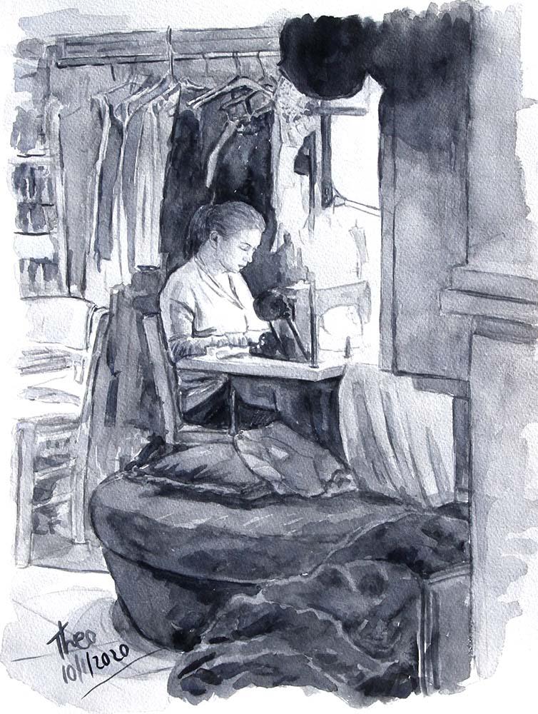 The Seamstress, an original watercolour sketch by Theo Michael