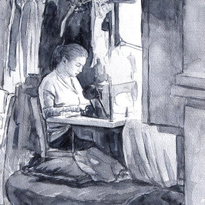 watercolour sketch, the seamstress by Theo Michael