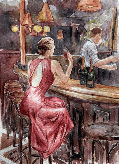 watercolour painting Alone At The Bar by Theo Michael
