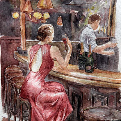 watercolour painting Alone At The Bar by Theo Michael, detail
