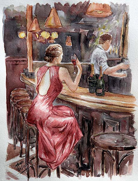 watercolour painting Alone At The Bar by Theo Michael