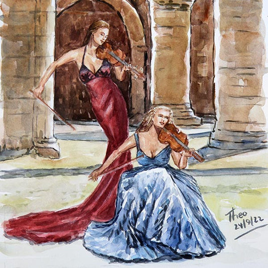 watercolour painting of two violinists making music outside a church by Theo Michael