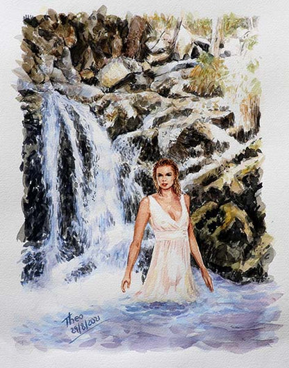 watercolour painting by Theo Michael, Caledonia Waterfall Cyprus