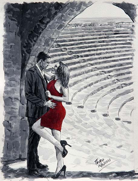 watercolour sketch, romantic scene at Kourion Amphitheatre by Theo Michael