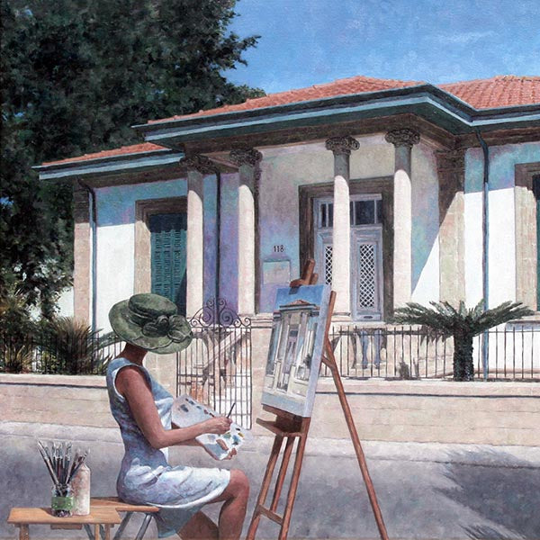 Summer Time, Mediterranean painting by Theo Michael, an Edward Hopper Tribute
