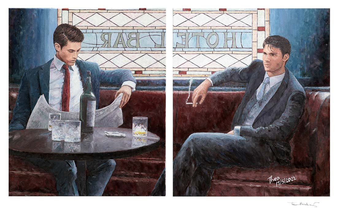 Fine art print, The Lounge Bar a diptych by Theo Michael featuring the interior of hotel bar