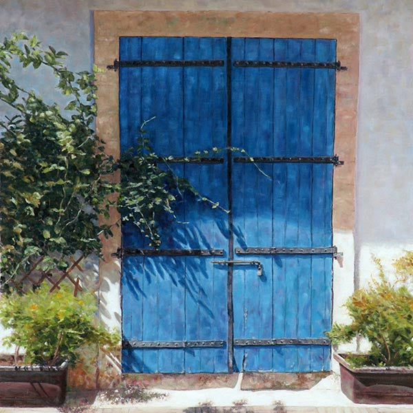 Mediterranean paintings by Theo Michael, Blue Door In Summer Light