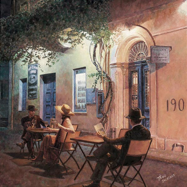 Romantic Cafe Paintings by Theo Michael, Cafe At Night, featuring the Art Cafe 1900 in Larnaca Cyprus