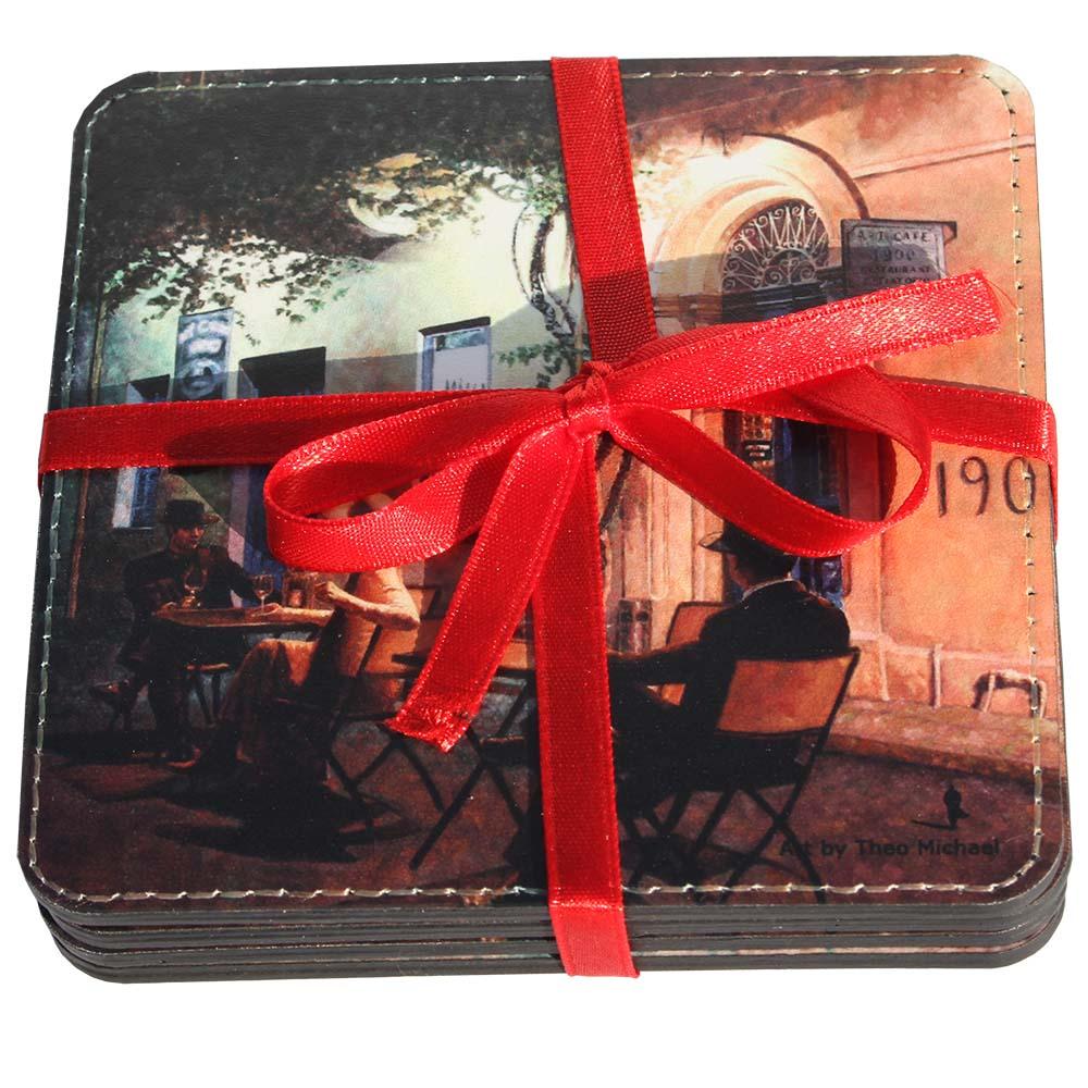 leather coaster set of four, unique art design Art Cafe Larnaca by Theo Michael
