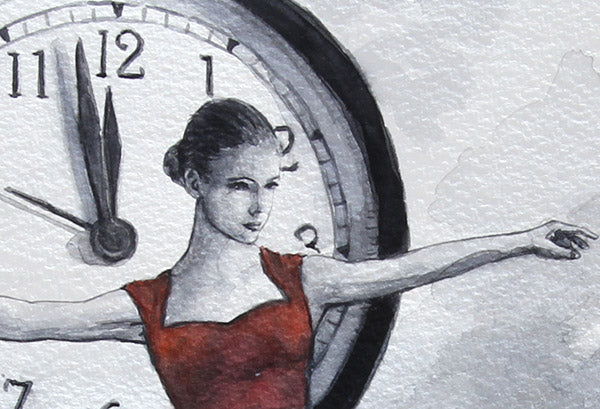 Watercolour painting by Theo Michael, detail Five To Midnight