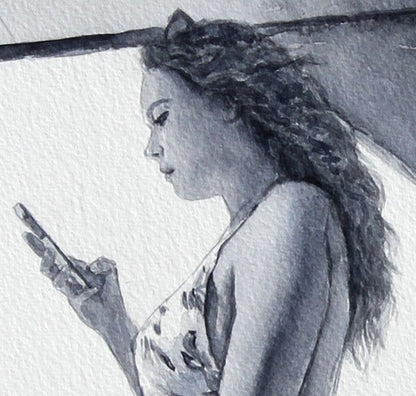 Watercolour painting by Theo Michael, detail Girl On The Phone