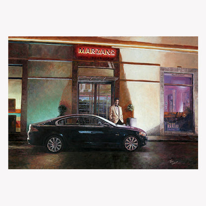 Art Noir painting by Theo Michael, Marzano Restaurant Larnaca, reminiscent of Rick's Cafe in Casablanca