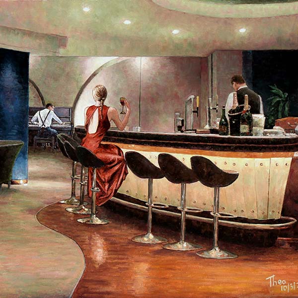 bar painting by Theo Michael, Alone At The Bar in the style of Edward Hopper