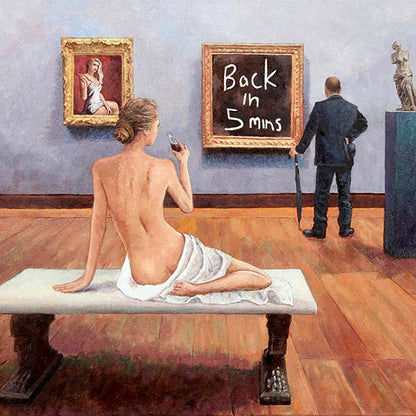 oil painting interior of a gallery by Theo Michael titled Back In 5 Minutes