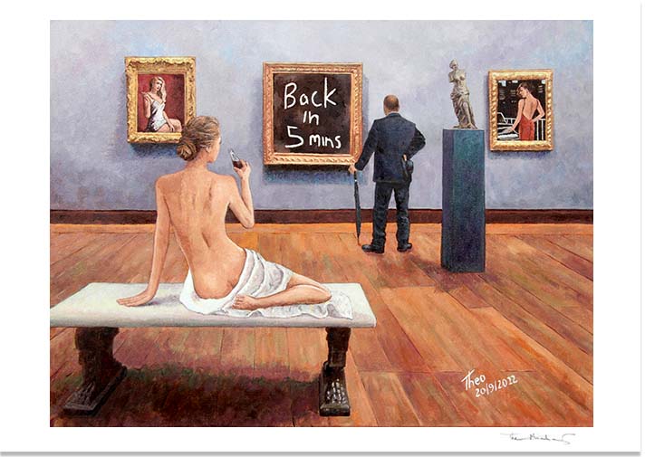 Fine Art Print, an oil painting showing the interior of a gallery by Theo Michael titled Back In 5 Minutes