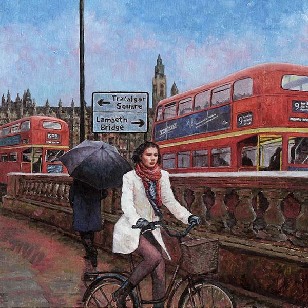 London oil painting, featuring the houses of parliament in the background
