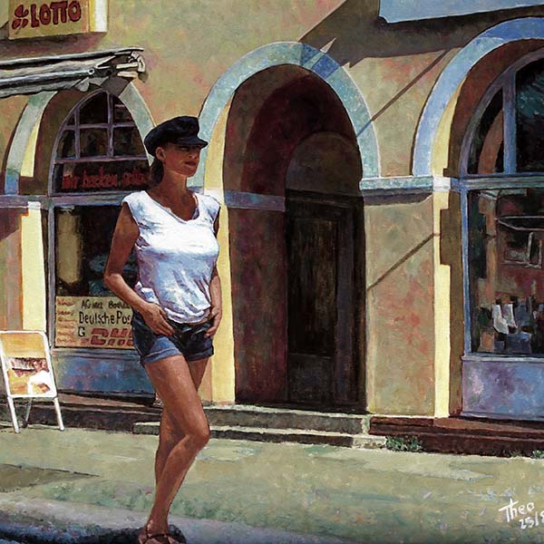 Edward Hopper style oil painting Daydreamer by Theo Michael, a young girl in a tshirt and denim shorts walking down the street 