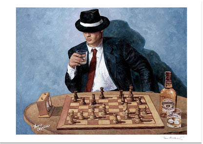 Fine Art Print, a chess painting of a chess player drinking Chivas Regal by Theo Michael