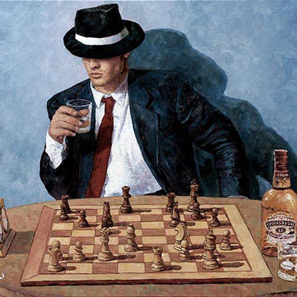 chess painting of a chess player at his game drinking Chivas Regal by Theo Michael