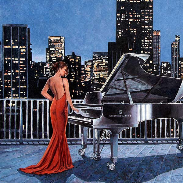 Art Noir Wall Art by Theo Michael, Pianist On The Roof a New York skyline