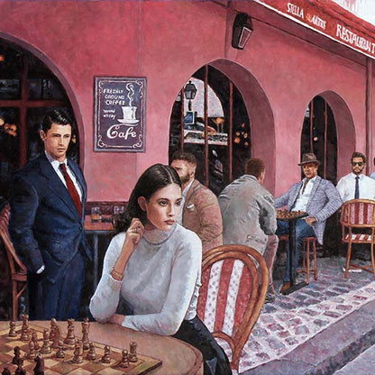 Chess painting by Theo Michael featuring a coffee shop