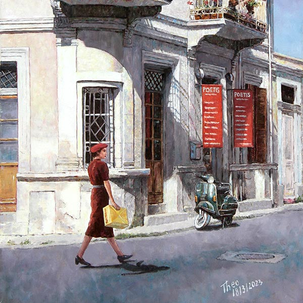 oil painting green vespa outside old traditional building in Larnaca Cyprus by Theo Michael