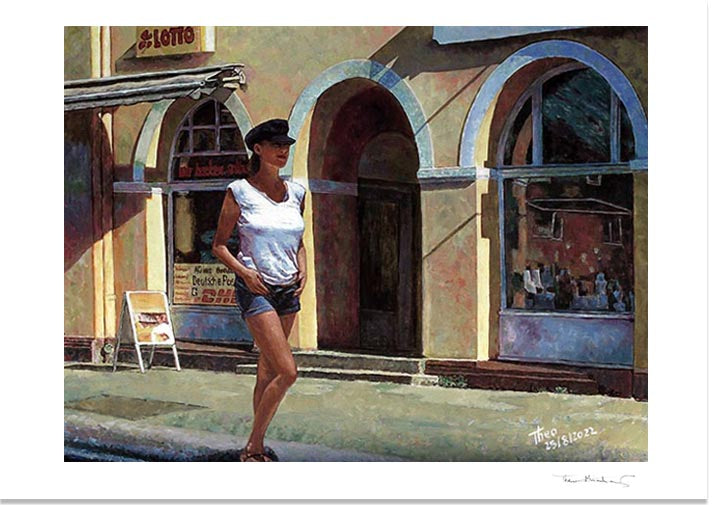 Edward Hopper style Fine Art Print Daydreamer by Theo Michael, a young girl in a tshirt and denim shorts walking down the street 