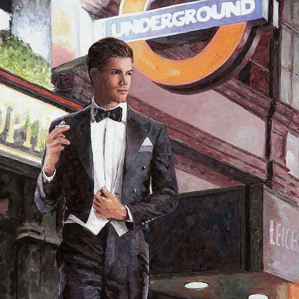paintings of London, an oil painting of Leicester Square underground station by Theo Michael 