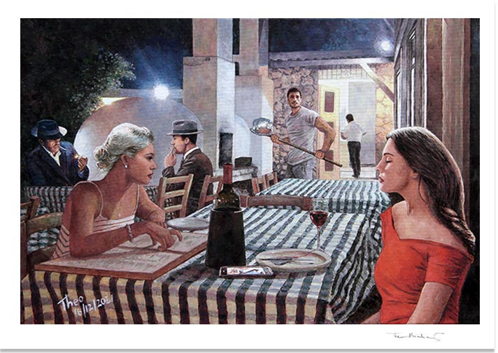 Restaurant painting at night by Theo Michael, a fine art print featuring Militzis restaurant in Larnaca Cyprus