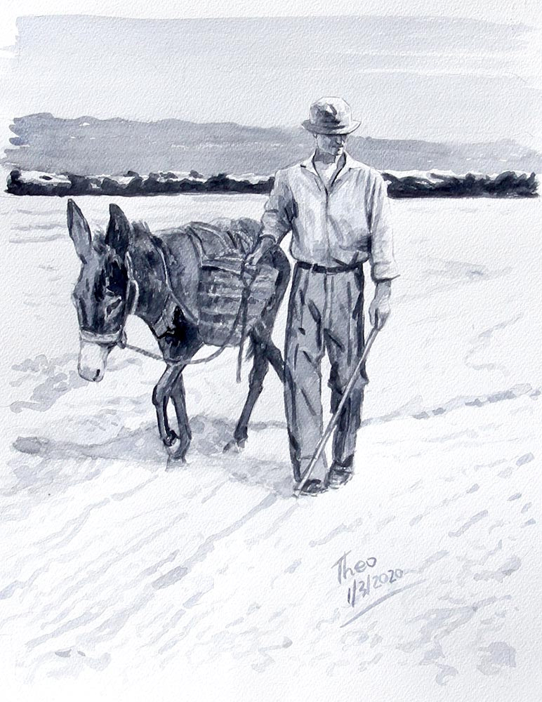 Salt lake worker with donkey, watercolour by Theo Michael, Larnaca