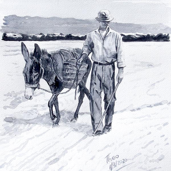 Watercolour sketch, The salt lake Larnaca, salt lake worker with donkey