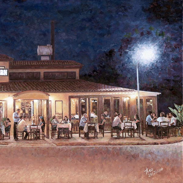 Taverna At Night an oil painting of a Cypriot taverna by Theo Michael