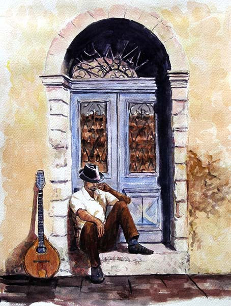 watercolour study by Theo Michael The Bouzouki Player, a Cyprus inspired painting
