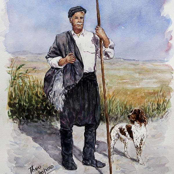 watercolour painting, a Shepherd and his dog in a Mediterranean landscape by Theo Michael