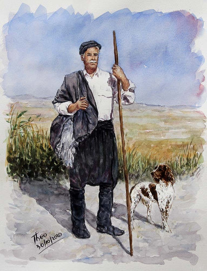 watercolour sketch, a Shepherd and his dog in a Mediterranean landscape by Theo Michael