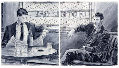 watercolour sketch diptych the hotel bar by Theo Michael